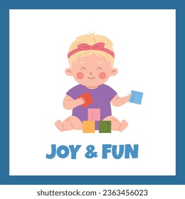 Alegría y diversión concepto de banner con niños de edad preescolar y preescolar jugando bloques de color de juguete, ilustración vectorial plana aislada en fondo blanco.