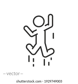 joy or fun in a new life, icon, happy person jump, activity lifestyle concept, success man, winner mood, thin line symbol on white background - editable stroke vector eps10