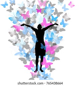 Joy of the girl and the butterfly. Vector