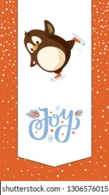 Joy greeting card, penguin on skates vector animal. Vector Arctic animal and winter Christmas activity, cartoon character outdoors having fun, snowy frame