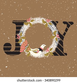 Joy hand lettering & decoration elements on gold textured background. Christmas Typographical Backdrop. Postcard, poster, flyer, textile & t-shirt design. Vector illustration.