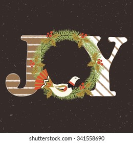 Joy hand lettering & decoration elements on black textured background. Christmas Typographical Backdrop. Postcard, poster, flyer, textile & t-shirt design. Vector illustration.