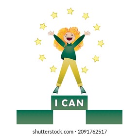 the joy and happiness of a person from victory over himself, a girl in green clothes stands with her hands up in a victorious gesture on the podium, the inscription I can, vector illustration