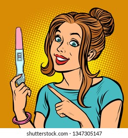 Joy Happiness Woman Two Strips Pregnancy Test. Comic Cartoon Pop Art Retro Vector Illustration Drawing