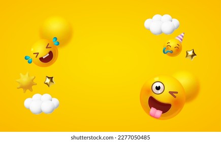 Joy, happy and fun background. Yellow balls with faces. Emotion expression . Emoji, emoticons.Holiday, singing, joy, fun, party, laughter, music, concert, birthday, win and special offer