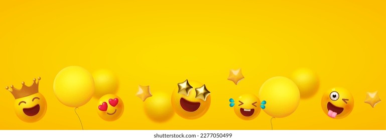 Joy, happy and fun background. Yellow balls with faces. Emotion expression . Emoji, emoticons Holiday, singing, joy, fun, party, laughter, music, concert, birthday, win and special offer