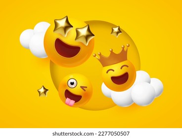 Joy, happy and fun background. Yellow balls with faces. Emotion expression . Emoji, emoticons Holiday, singing, joy, fun, party, laughter, music, concert, birthday, win and special offer