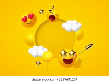 Joy, happy and fun background. Yellow balls with faces. Emotion expression . Holiday, singing, joy, fun, party, laughter, music, concert, birthday, win and special offer