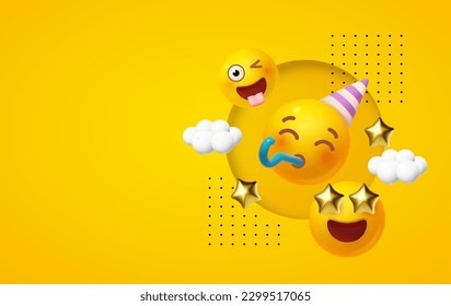 Joy, happy and fun background. Yellow balls with faces. Emotion expression . Holiday, singing, joy, fun, party, laughter, music, concert, birthday, win and special offer