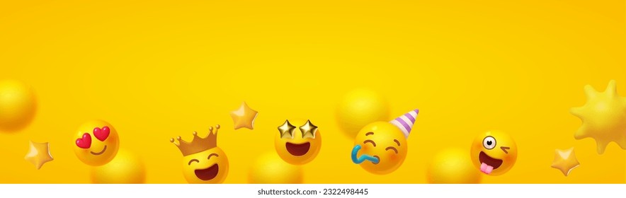 Joy, happy and fun background. Yellow balls with faces. Emotion expression . Holiday, singing, joy, fun, party, laughter, music, concert, birthday, win and special offer