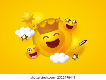 Joy, happy and fun background. Yellow balls with faces. Emotion expression . Holiday, singing, joy, fun, party, laughter, music, concert, birthday, win and special offer