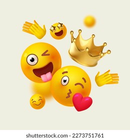 Joy, happy and fun. Yellow balls with faces. Emotion expression . Holiday, singing, joy, fun, party, laughter, music, concert, birthday, win and special offer