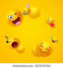 Joy, happy and fun. Yellow balls with faces. Emotion expression . Holiday, singing, joy, fun, party, laughter, music, concert, birthday, win and special offer