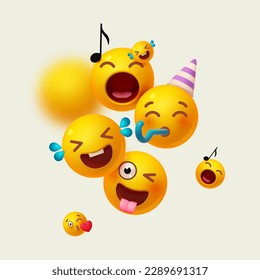 Joy, happy and fun. Yellow balls with faces. Emotion expression . Holiday, singing, joy, fun, party, laughter, music, concert, birthday, win and special offer