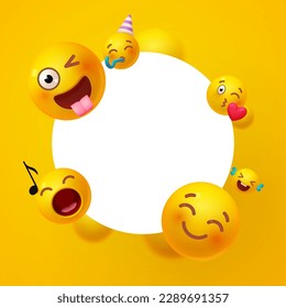 Joy, happy and fun. Yellow balls with faces. Emotion expression . Holiday, singing, joy, fun, party, laughter, music, concert, birthday, win and special offer