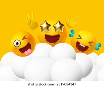 Joy, happy and fun. Yellow balls with faces. Emotion expression . Holiday, singing, joy, fun, party, laughter, music, concert, birthday, win and special offer