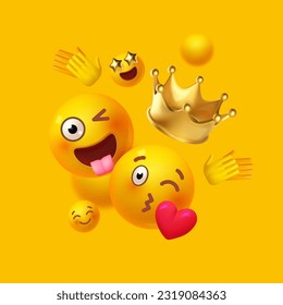 Joy, happy and fun. Yellow balls with faces. Emotion expression . Holiday, singing, joy, fun, party, laughter, music, concert, birthday, win and special offer