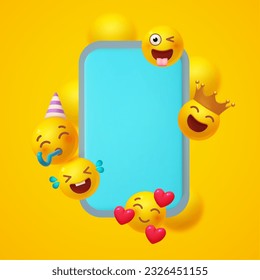 Joy, happy and fun. Yellow balls with faces and smartphone. Emotion expression . Holiday, singing, joy, fun, party, laughter, music, concert, birthday, win and special offer