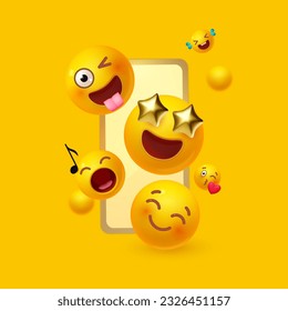 Joy, happy and fun. Yellow balls with faces. Emotion expression . Holiday, singing, joy, fun, party, laughter, music, concert, birthday, win and special offer