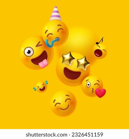 Joy, happy and fun. Yellow balls with faces. Emotion expression . Holiday, singing, joy, fun, party, laughter, music, concert, birthday, win and special offer