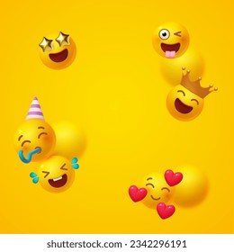 Joy, happy and fun. Yellow balls with faces. Emotion expression . Holiday, singing, joy, fun, party, laughter, music, concert, birthday, win and special offer