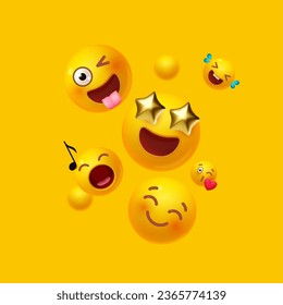 Joy, happy and fun. Yellow balls with faces. Emotion expression . Holiday, singing, joy, fun, party, laughter, music, concert, birthday, win and special offer