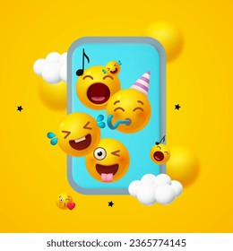 Joy, happy and fun. Yellow balls with faces and smartphone. Emotion expression . Holiday, singing, joy, fun, party, laughter, music, concert, birthday, win and special offer