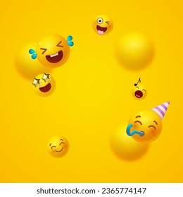 Joy, happy and fun. Yellow balls with faces. Emotion expression . Holiday, singing, joy, fun, party, laughter, music, concert, birthday, win and special offer