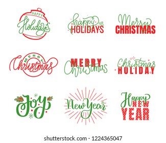 Joy and happy Holidays, Merry Christmas lettering, hand drawn doodle text. Xmas typography font for greeting cards and creative postcards design, vector