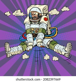 Joy hyper jump, cartoon emotion The characteristic emotional pose of a astronaut man