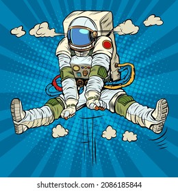 Joy hyper jump, cartoon emotion The characteristic emotional pose of a astronaut man. Pop Art Retro Vector Illustration Kitf Vintage 50s 60s Style