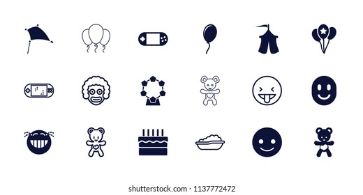 Joy icon. collection of 18 joy filled and outline icons such as smiling emot, laughing emot, bear teddy, portable console, cake. editable joy icons for web and mobile.