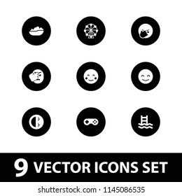 Joy icon. collection of 9 joy filled icons such as blush, smiling emot, laughing emot, facepalm emot, ferris wheel, swimming ladder. editable joy icons for web and mobile.