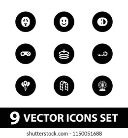 Joy icon. collection of 9 joy filled icons such as playground ladder, party pipe, cake, balloon, joystick, ferris wheel, smiling emot. editable joy icons for web and mobile.