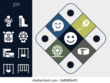 joy icon set. 13 filled joy icons.  Simple modern icons such as: Happy, Swing, Swings, Trampoline, Monster, Ferris wheel, Childhood, Waterpark, Kite, Pool