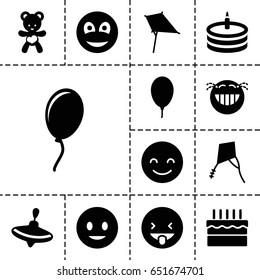 Joy icon. set of 13 filled joyicons such as whirligig, kite, smiling emot, laughing emot, showing tongue emot, bear teddy, balloon, smiley
