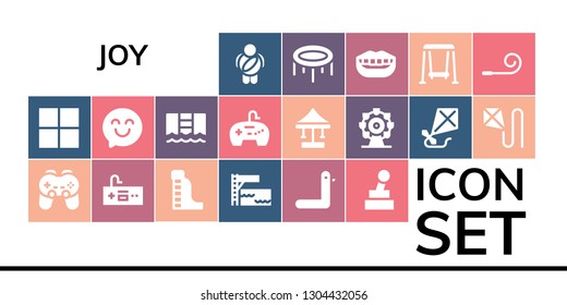joy icon set. 19 filled joy icons.  Simple modern icons about  - Childhood, Delicious, Gamepad, Waterpark, Trampoline, Duck, Joystick, Happy, Pool, Swing, Ferris wheel, Kite, Smile