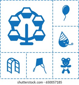 Joy icon. set of 6 joy filled icons such as party emot, playground ladder, bear teddy, balloon, kite