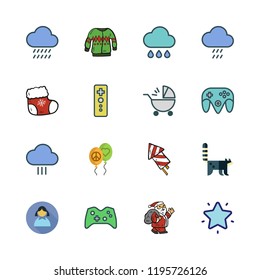 joy icon set. vector set about balloons, christmas sock, baby stroller and santa claus icons set.