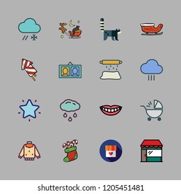 joy icon set. vector set about sweater, firework, rain and christmas sock icons set.