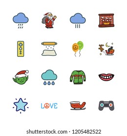 joy icon set. vector set about sweater, balloons, rain and smile icons set.
