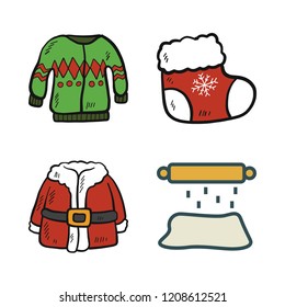 joy icon set. vector set about christmas sock, santa claus, roller and sweater icons set.