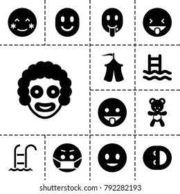Joy icons. set of 13 editable filled joy icons such as smiling emot, blush, showing tongue emot, emoji in mask, clown, swimming ladder, bear teddy, tent, laughing emot
