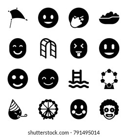 Joy icons. set of 16 editable filled joy icons such as ferris wheel, smile, smiling emot, facepalm emot, clown, swimming ladder, playground ladder, baby bath, kite, carousel