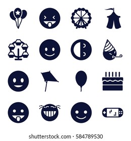 joy icons set. Set of 16 joy filled icons such as Ferris wheel, kite, smiling emot, laughing emot, balloon, cake, tent, portable game console