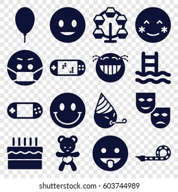Joy icons set. set of 16 joy filled icons such as smiling emot, blush, laughing emot, emoji in mask, bear teddy, portable console, balloon, cake, party pipe