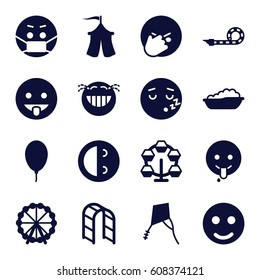 Joy Icons Set. Set Of 16 Joy Filled Icons Such As Ferris Wheel, Baby Bath, Laughing Emot, Facepalm Emot, Emoji In Mask, Emoji Showing Tongue, Playground Ladder, Balloon