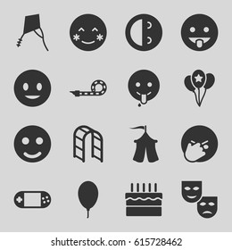 Joy icons set. set of 16 joy filled icons such as smiling emot, blush, laughing emot, emoji showing tongue, playground ladder, portable console, balloon, cake, party pipe