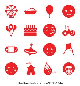 Joy icons set. set of 16 joy filled icons such as whirligig, baby bath, joystick, smiling emot, blush, party emot, sleeping emot, portable console, balloon, cake, tent, kite