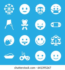 Joy icons set. set of 16 joy filled icons such as baby bath, joystick, smiling emot, facepalm emot, showing tongue emot, emoji in mask, bear teddy, portable console, kite